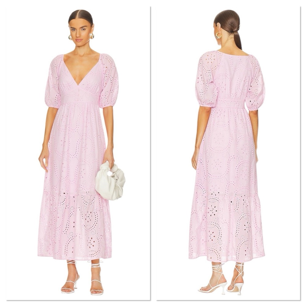 Sanctuary Pink Eyelet Maxi Dress Puff Sleeve Tiered Cotton Blend Size 6 V Neck
